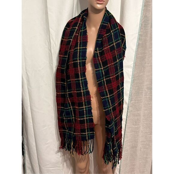Vintage MADE IN ITALY Fashion Style Accessory PLAID Red Black Design Fringe End - Picture 1 of 5